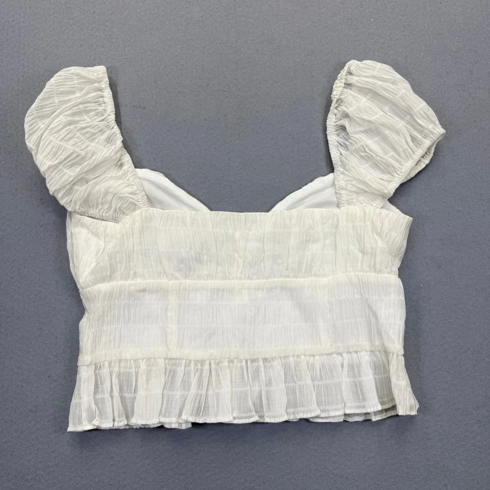 Lovers and Friends White Puff Sleeve Button Front Crop Top Smocked Small